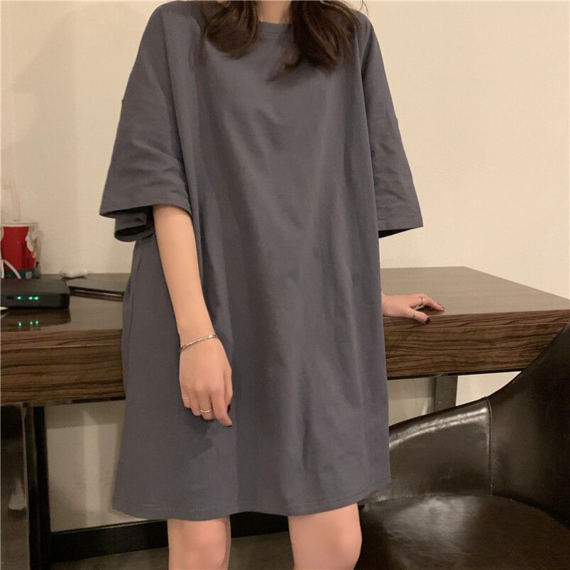糖果色睡裙女夏短袖薄款睡衣韩版可爱五分袖棉质简约灰色家居服女