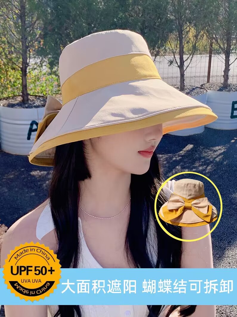 蝴蝶结帽子女潮夏季渔夫帽休闲大檐防紫外线太阳帽防晒百搭遮阳帽