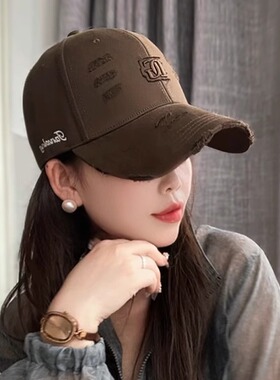 美式复古大头围棒球帽子女韩版街头刺绣字母破洞鸭舌帽显脸小帽子