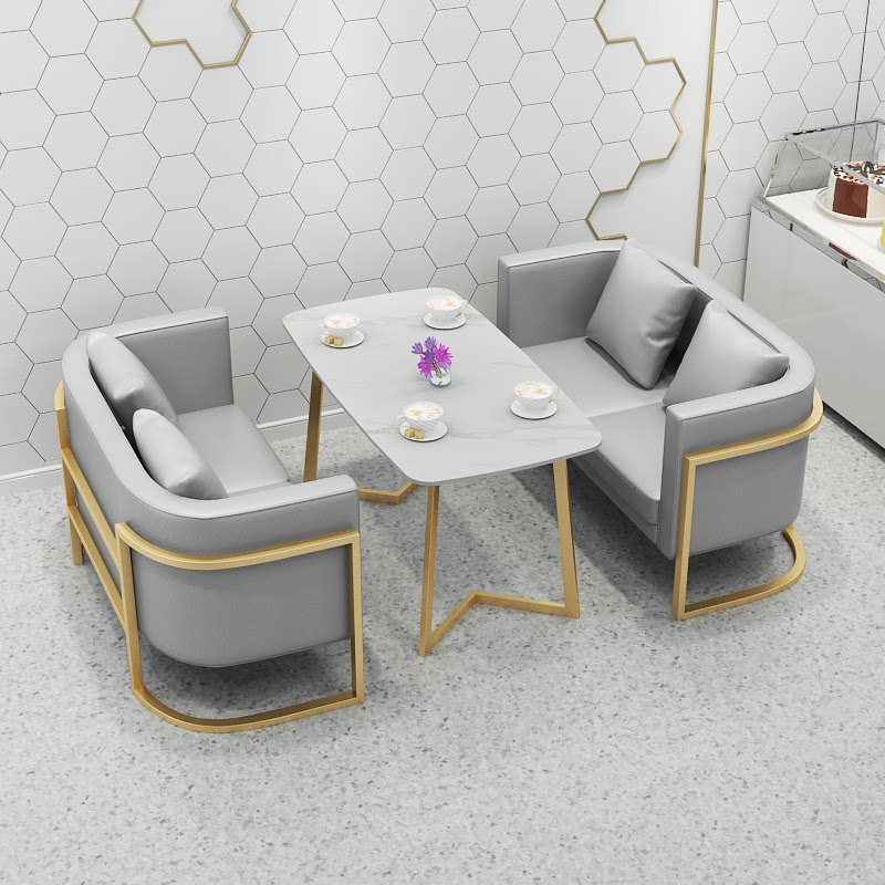 北欧铁艺岩板餐桌多人沙发卡座家用会客公司洽谈桌休闲吧奶茶店桌