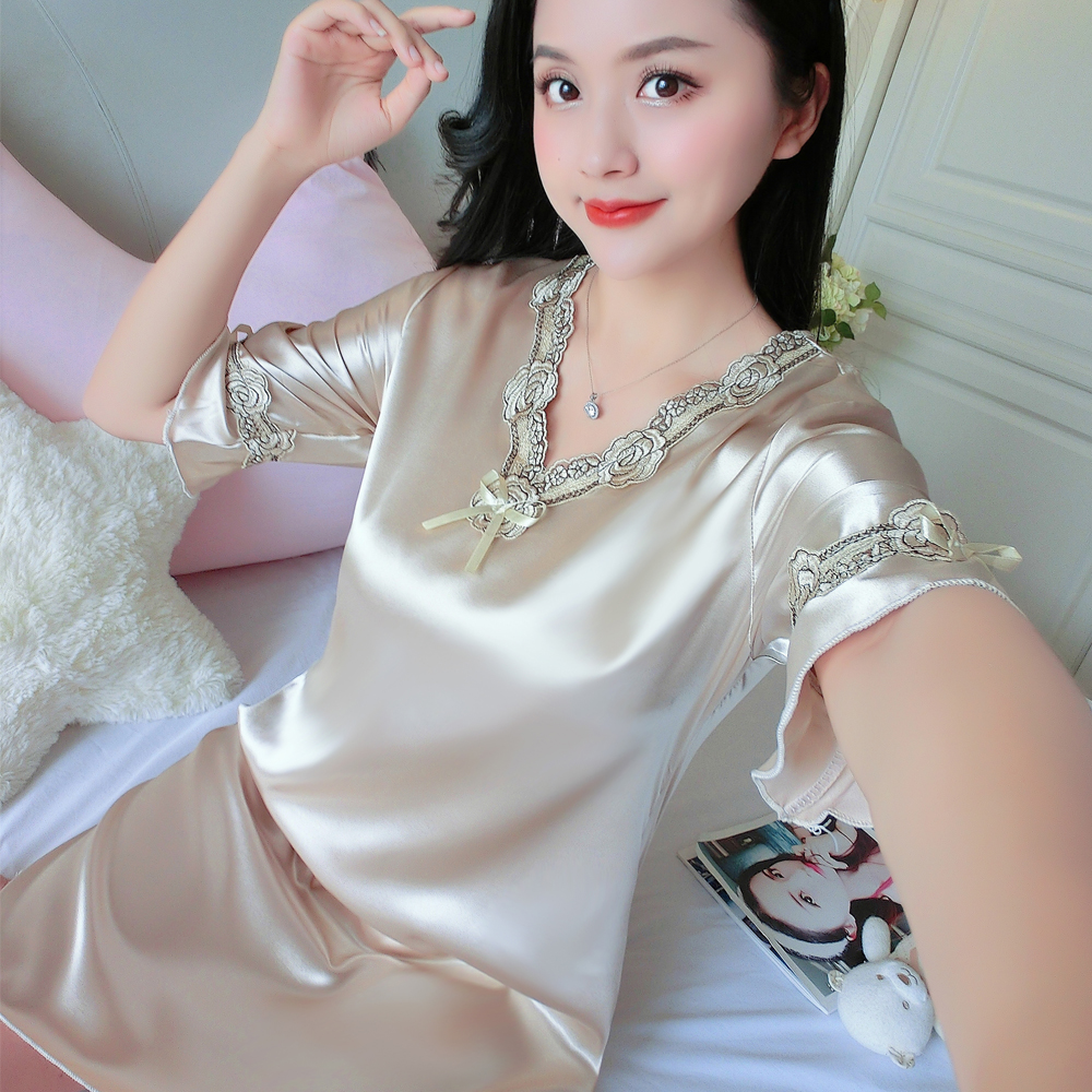 2025新款短袖冰丝绸睡裙性感女人味睡衣香槟色高级感V领家居服薄