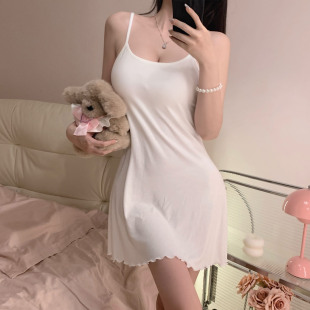 莫代尔吊带睡裙女夏天性感纯欲风白色小短裙带胸垫柔软凉快家居服