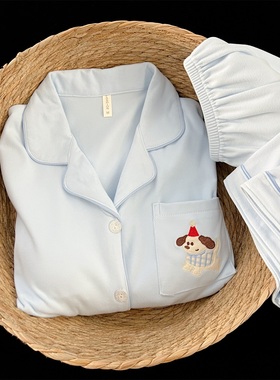 德绒睡衣女带胸垫秋冬新款保暖开衫简约小清新蓝色大码家居服套装