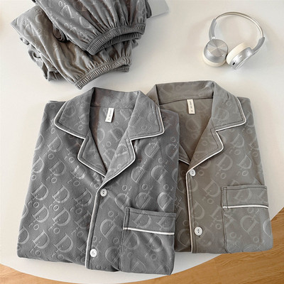 秋冬款男士开衫长袖德绒睡衣中年男款爸爸居家简约保暖家居服套装