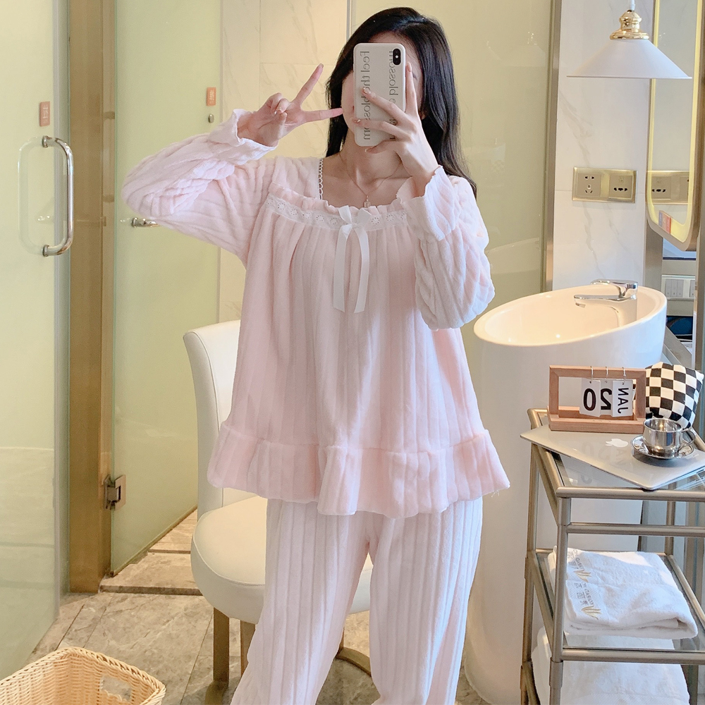 法兰绒睡衣女秋冬家居服