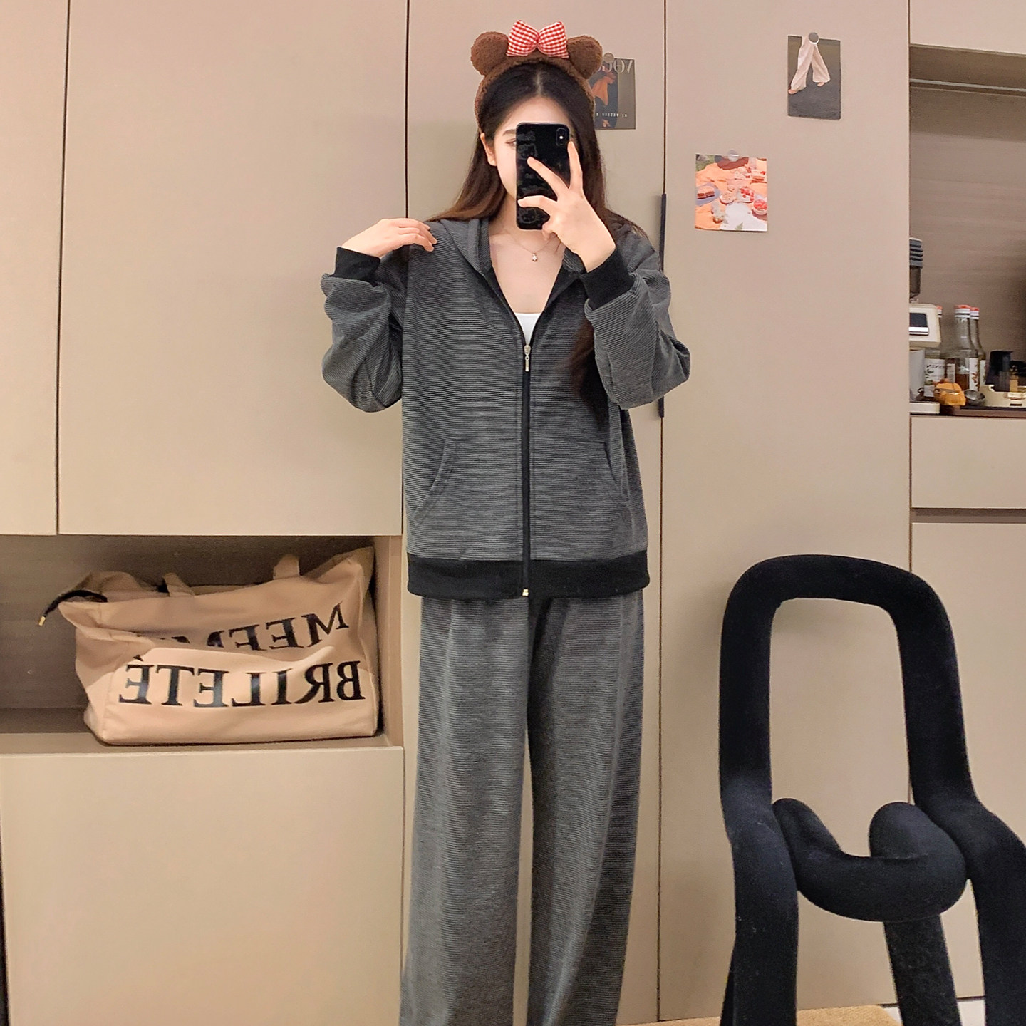 秋冬新款睡衣女澳洲羊绒开衫连帽保暖家居服中性女装长袖德绒套装