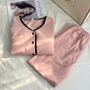 带胸垫羊绒棉睡衣女秋冬长袖蕾丝边温柔皮粉色保暖开衫家居服套装