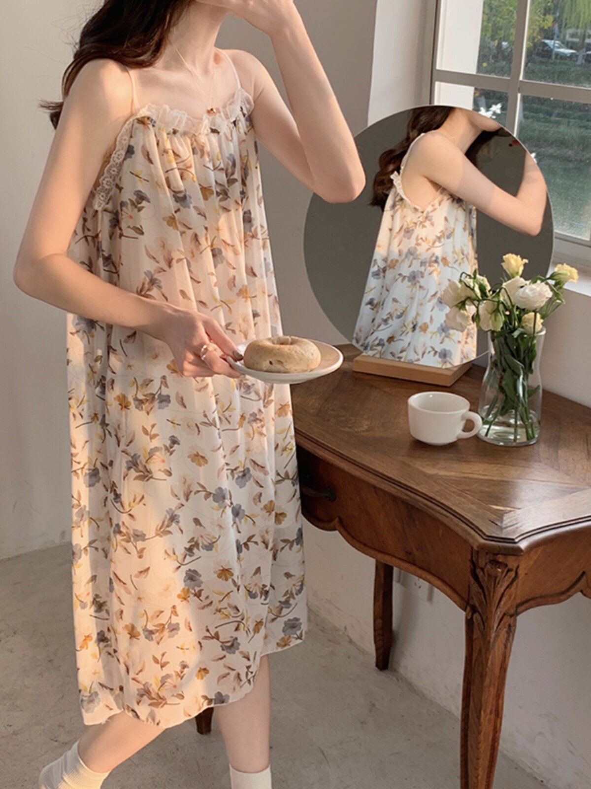 여성용 여름 섹시한 서스펜더 잠옷 쉬폰 드레스 일본식 달콤한 꽃 무늬는 중간 길이 스커트 잠옷으로 착용 가능