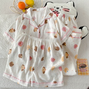 卡通可爱睡衣女夏季短袖短裤长裤云朵棉三件套粉点熊头薄款家居服