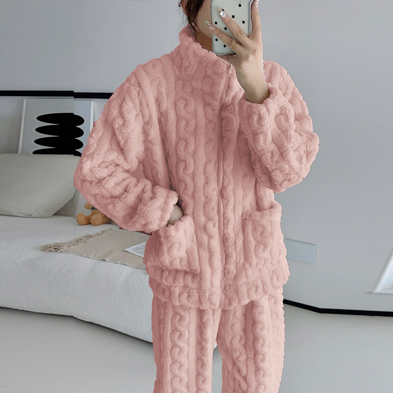 网红睡衣女秋冬季加厚珊瑚绒保暖高领简约豆沙粉色学生家居服套装