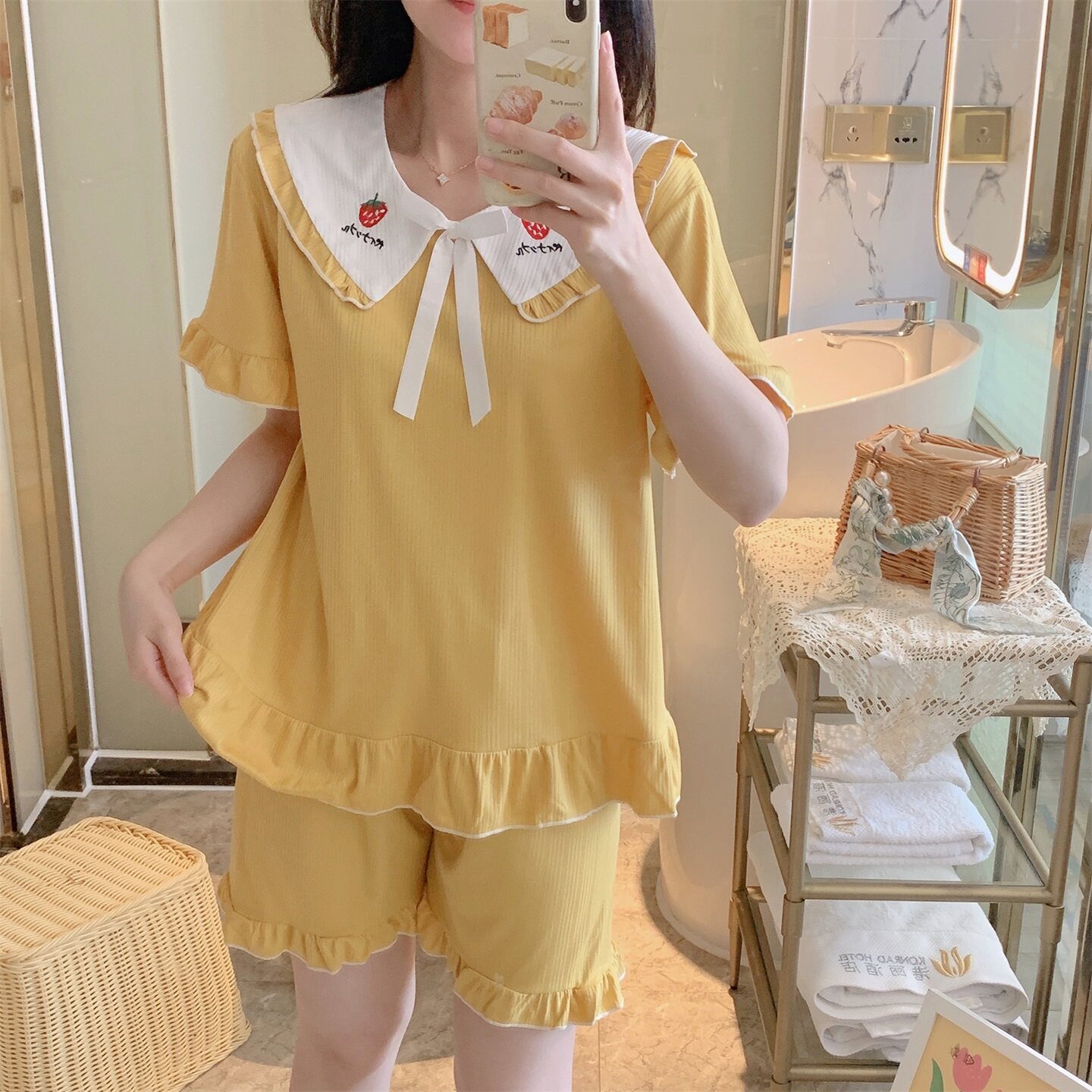 2026新款夏天短袖睡衣女生海军领黄色显白甜美简约休闲家居服套装