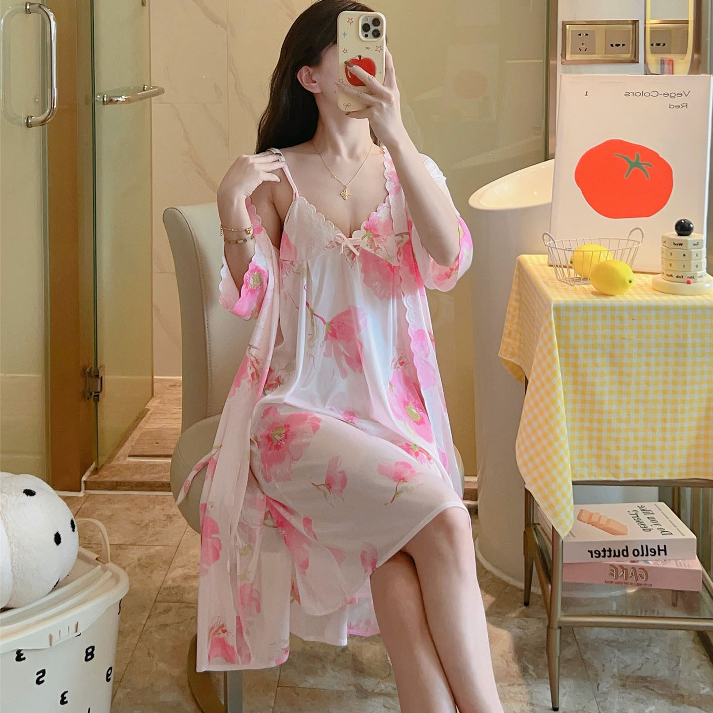 两件套冰丝睡裙女夏季性感深V领吊带裙中袖睡袍粉红牡丹花纯欲风