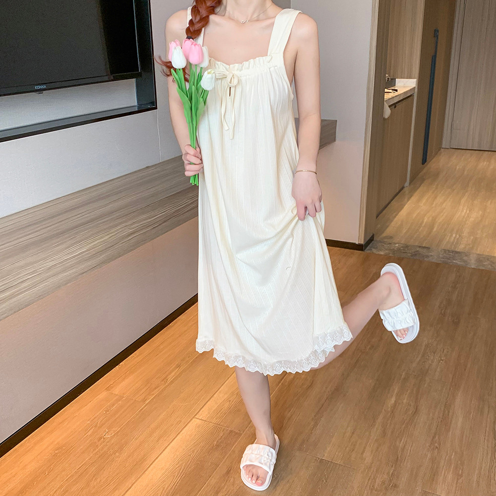 여성용 민소매 잠옷 여름 인터넷 연예인 공주 스타일 달콤한 원 라인 칼라 중간 길이 홈웨어 학생 서스펜더 스커트 잠옷