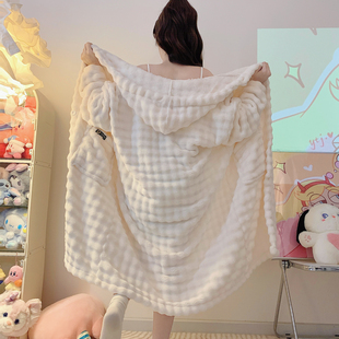 毛绒浴巾吸水保暖加厚珊瑚绒连帽睡袍奶白色宽松大码 200斤家居袍