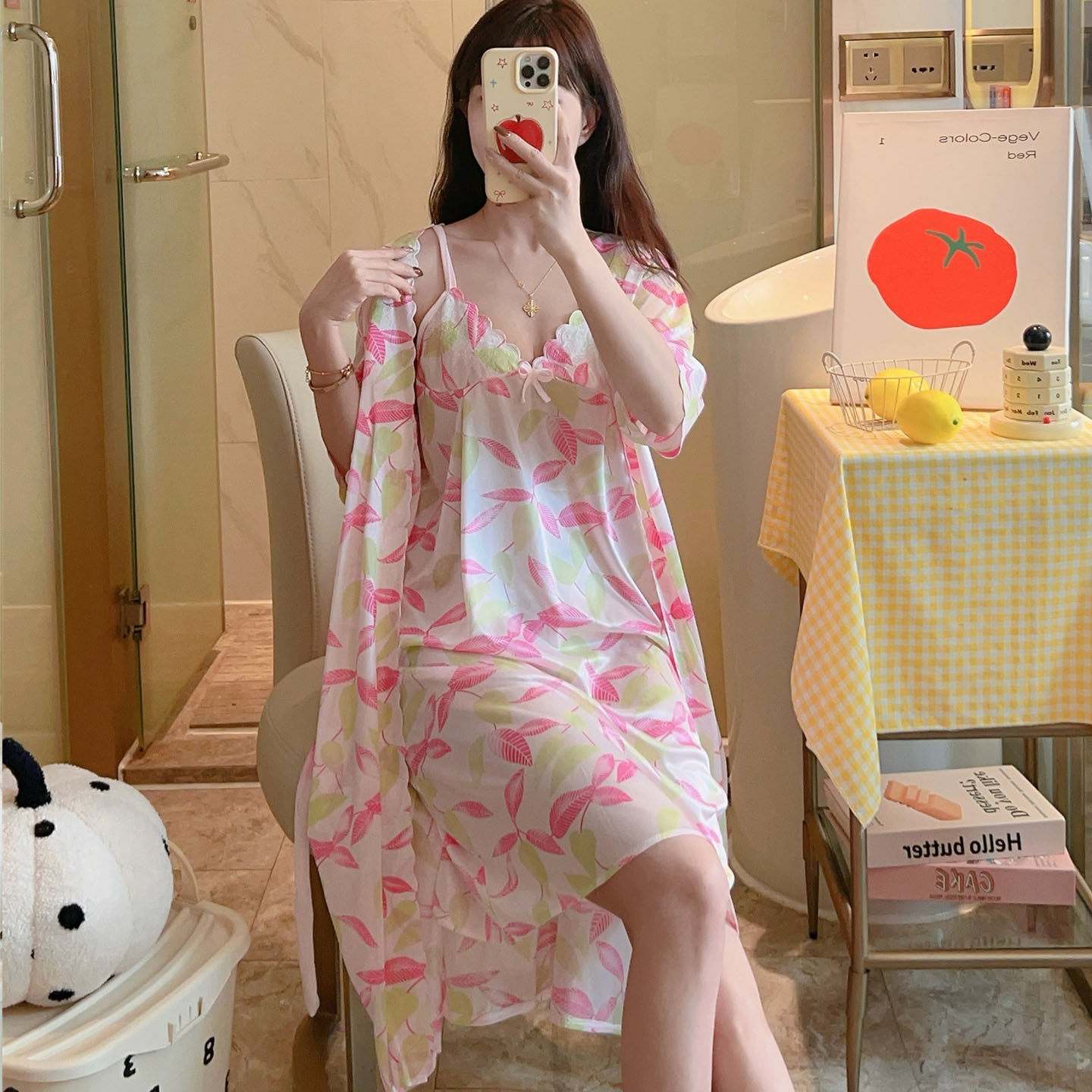 夏季性感睡衣裙女冰丝吊带裙睡袍两件套印花裙女人清凉透气家居服