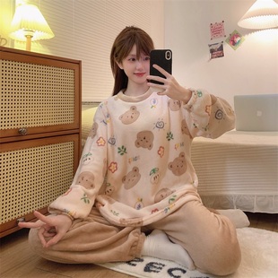 法兰绒睡衣女秋冬薄绒小圆领保暖珊瑚绒学生棕色花花熊家居服套装