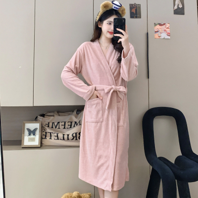 秋冬新款长袖睡袍女士仿羊绒毛巾布中长款系带浴袍家居服晨袍冬天