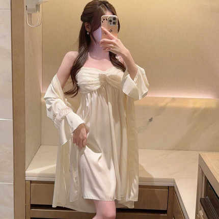 带胸垫睡衣女夏天奶杏色甜美仙女风冰雪丝绸吊带裙长袖睡袍两件套