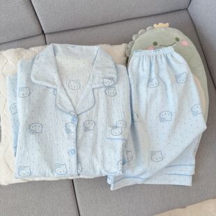 浅蓝色可爱睡衣女生夏天短袖短裤开衫薄款云朵棉学生家居服套装夏