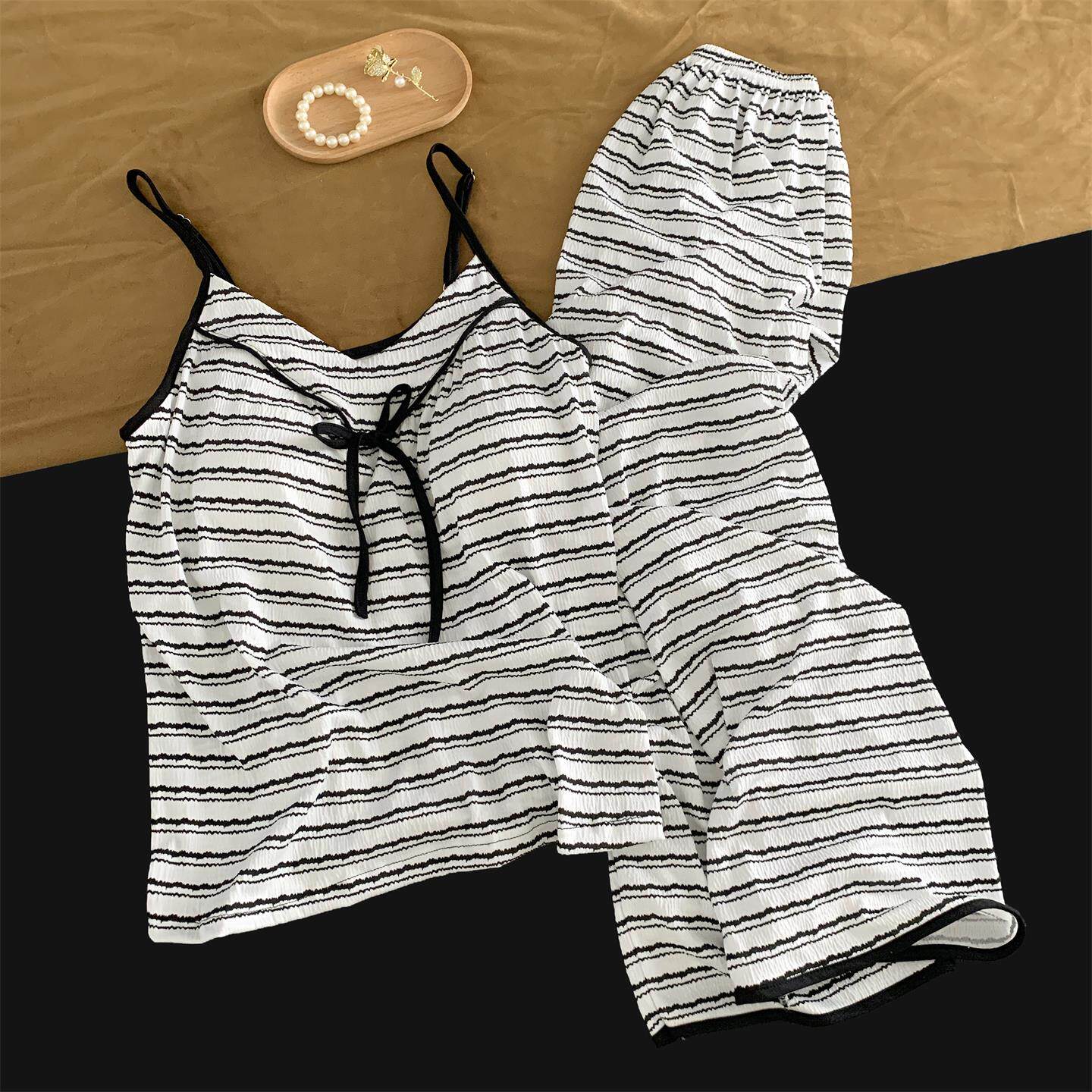 固定海绵胸垫睡衣女夏季吊带长裤套装韩版时尚黑条纹可外穿家居服