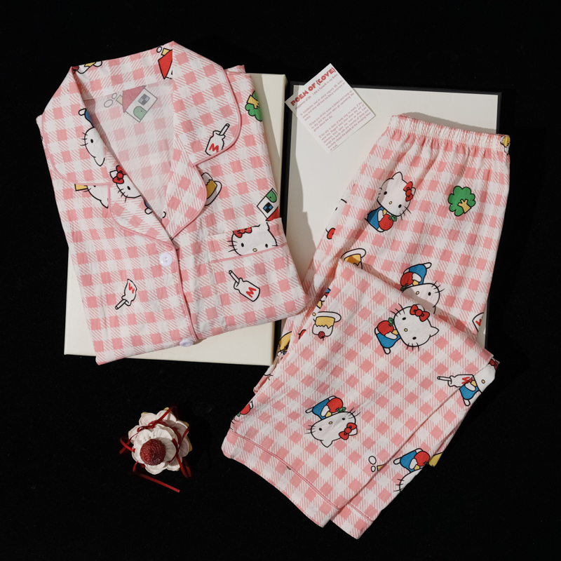 长袖睡衣女春夏秋三季可穿开衫薄款卡通甜美粉格子kt猫家居服套装