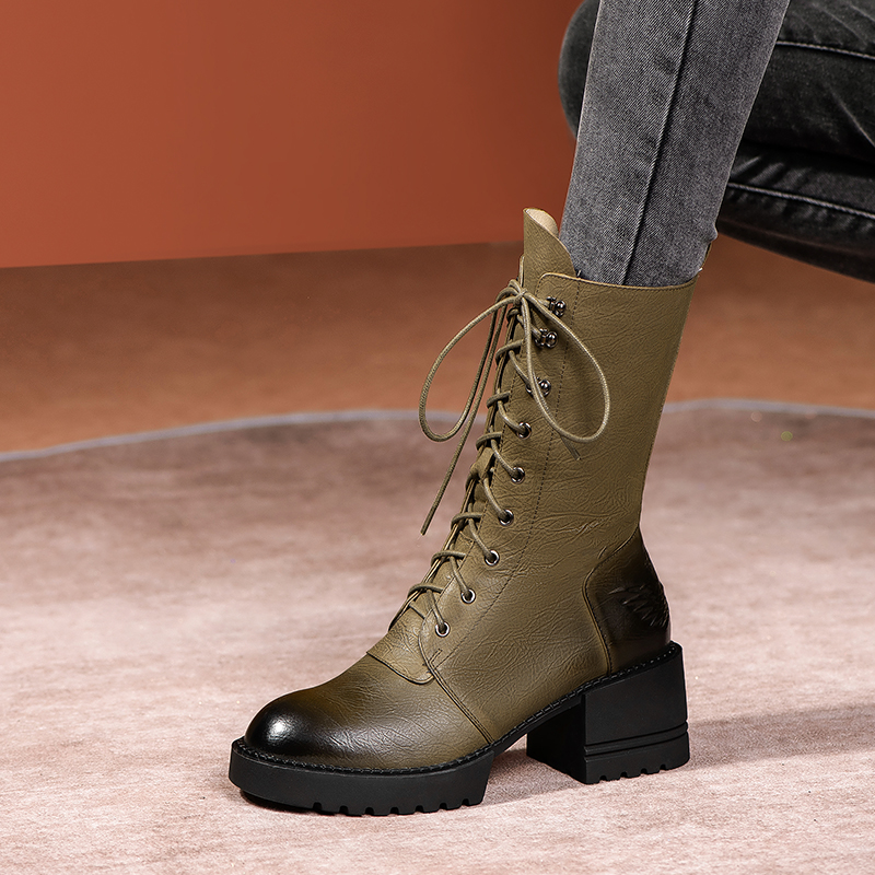 清仓处理40大码41真皮马丁靴女粗高跟圆头中筒头层牛皮加绒棉靴子