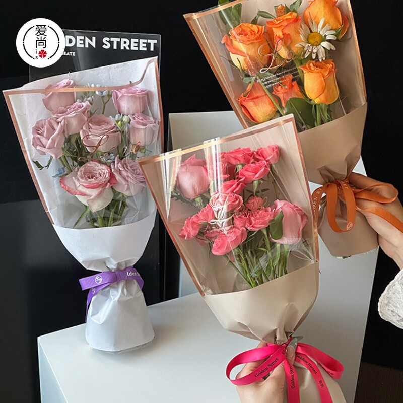 情人节LOVE烫金牛皮多支袋鲜花包装袋透明opp玫瑰花束礼品塑料袋