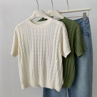 上衣 女小众高级感气质小个子正肩短袖 含桑蚕丝羊毛绞花短袖 针织衫