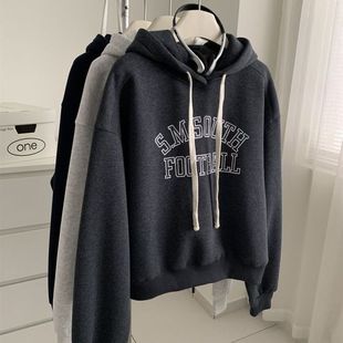 秋冬美式复古加绒连帽卫衣女字母印花保暖宽松慵懒套头上衣外套
