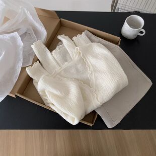 显瘦V领空调衫 春夏气质通勤羊毛混纺蕾丝花边温柔小开衫 女薄款