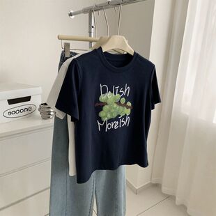 热卖刺绣葡萄印花短袖女ins韩版减龄复古显瘦百搭圆领纯棉T恤夏款