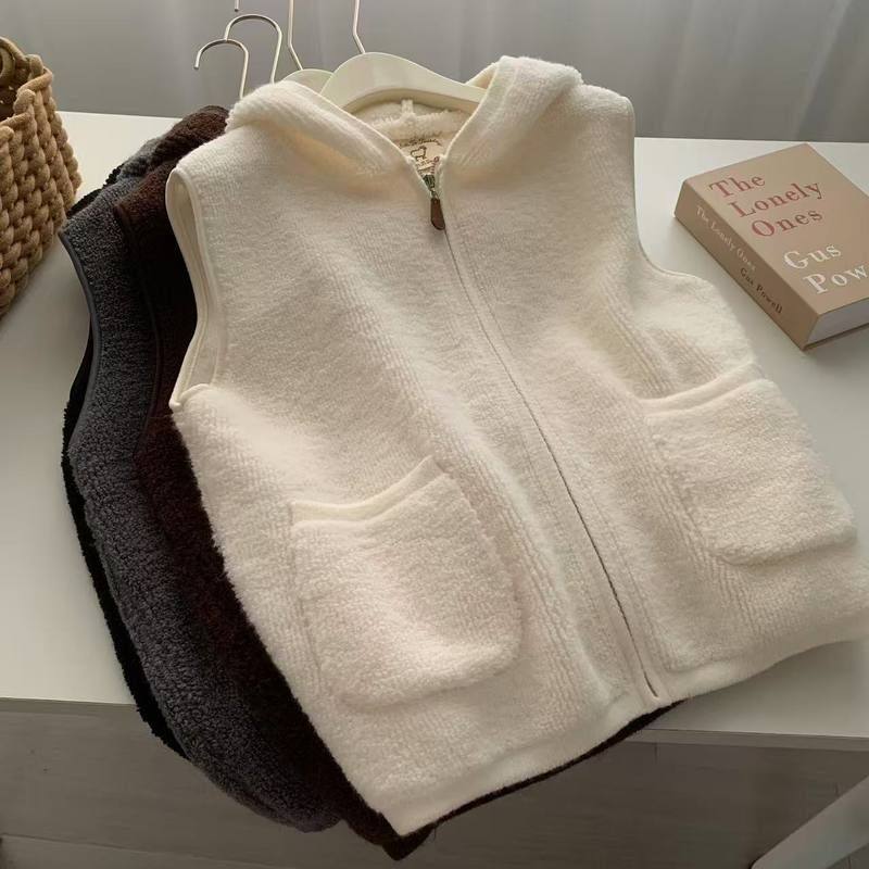 绵羊绒厚实连帽拉链针织开衫马甲女秋冬内搭叠穿宽松韩版上衣新款