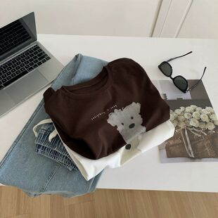 ins韩版小狗印花圆领短袖女弹力百搭显瘦深咖色显白复古棉质T恤夏