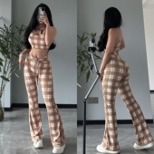 健身套装 新款 气质瑜伽印花格纹裹胸防震健身文胸抽绳高腰喇叭长裤