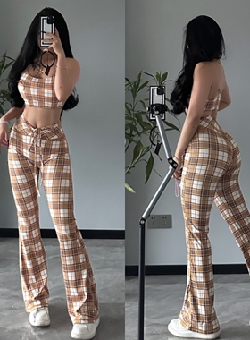 新款气质瑜伽印花格纹裹胸防震健身文胸抽绳高腰喇叭长裤健身套装