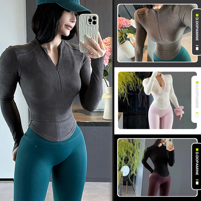双面德绒收腰显瘦加厚秋冬运动健身打底拉链长袖女弹力紧身上衣女