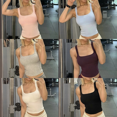 美式深U收腰性感显瘦带胸垫短款无袖背心辣妹健身上衣可外穿