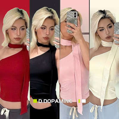 气质女神斜肩不规则飘带设计健身服女休闲运动背心带胸垫