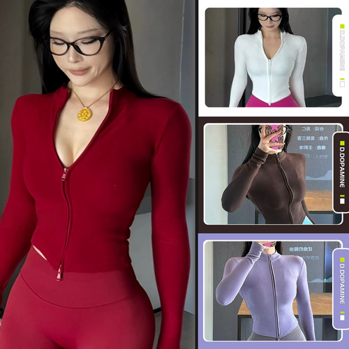 双面绒短款保暖拉链收腰显瘦户外运动外套女健身长袖瑜伽外套女