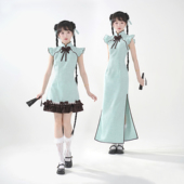 春夏新中式 衍笙×昱昱生辉 薄荷色旗袍连衣裙小飞袖 薄荷黑巧