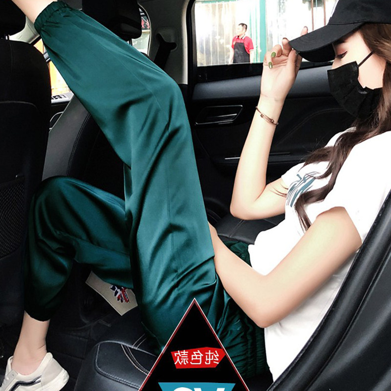 大码三醋酸垂感灯笼束脚裤女缎面九分显瘦老爹凉凉裤休闲裤子夏季