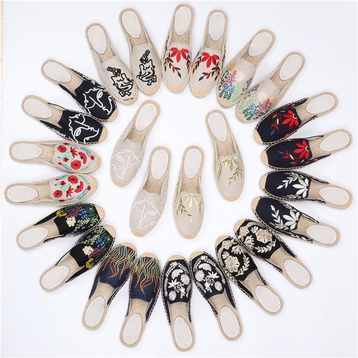 民族风刺绣绣花鞋平底草编渔夫鞋