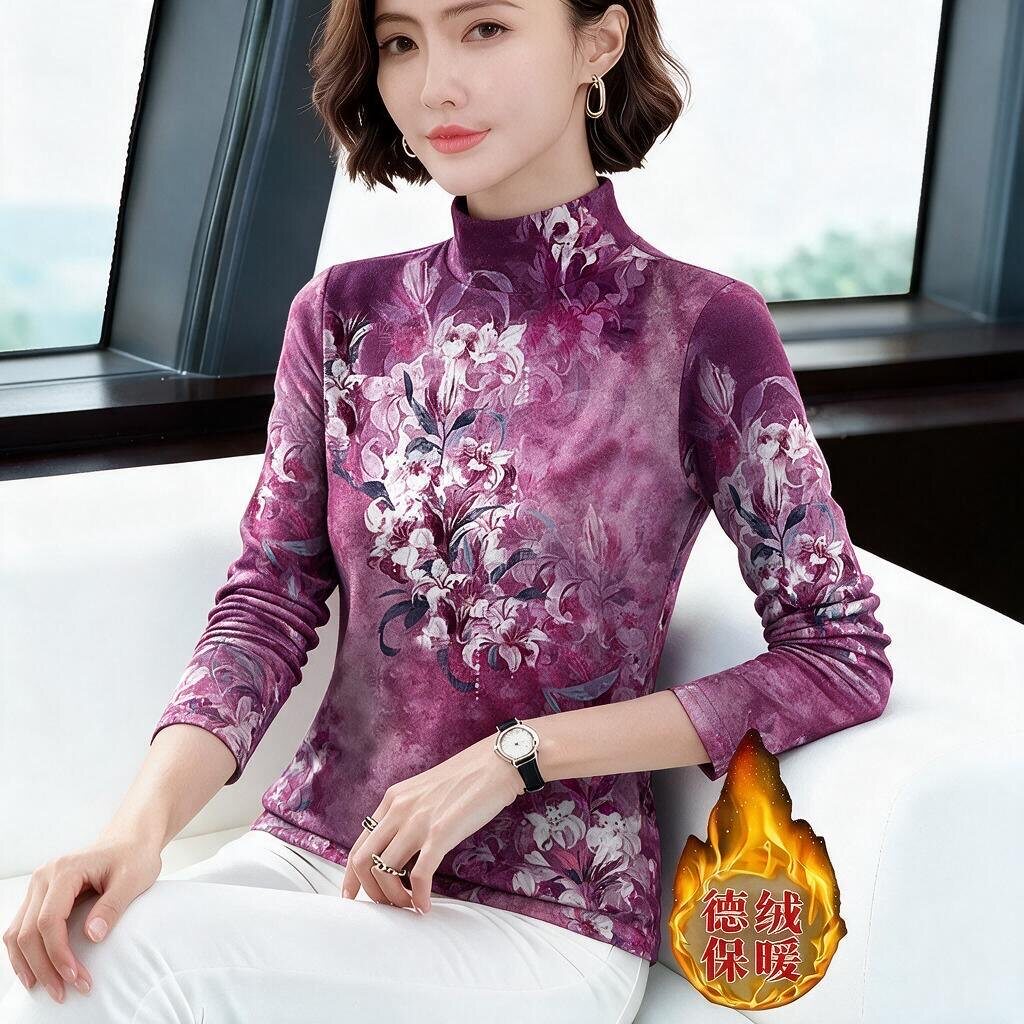 上新~德绒半高领秋季薄绒款打底衫女长袖时尚印花百搭保暖上衣