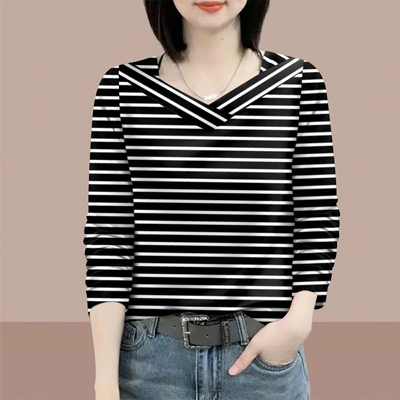 上新~气质条纹长袖t恤女新款宽松显瘦体恤打底休闲正肩v领上衣女