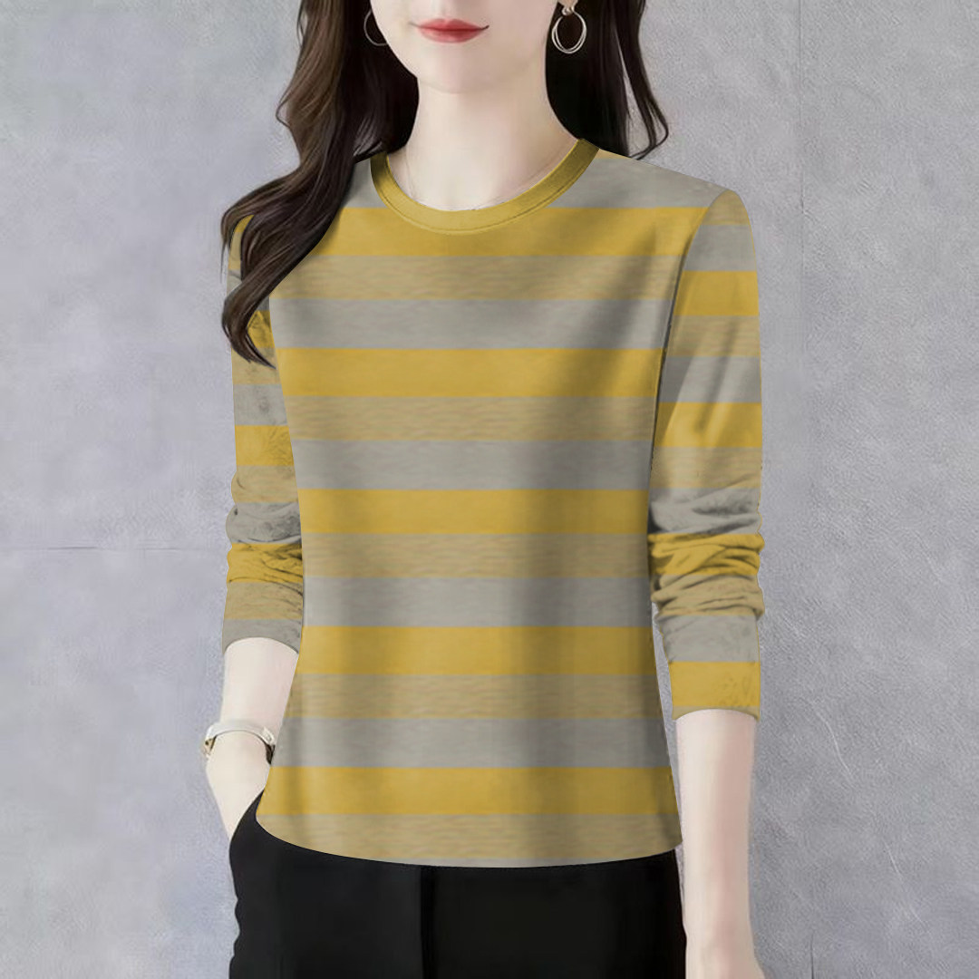 上新~休闲女装新款圆领条纹长袖宽松显瘦遮肚T恤女打底衫薄款上衣
