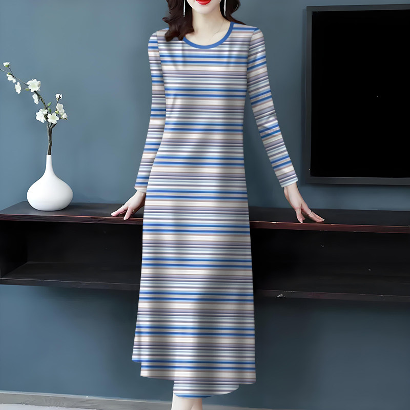 上新~新款条纹女装夏季薄款长袖长裙宽松显瘦遮肚减龄连衣裙长款