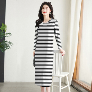 上新~复古条纹长袖连衣裙女春秋新款休闲慵懒风长款宽松显瘦长裙
