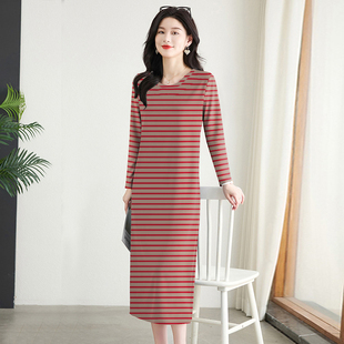 上新~复古条纹长袖连衣裙女春秋新款休闲慵懒风长款宽松显瘦长裙