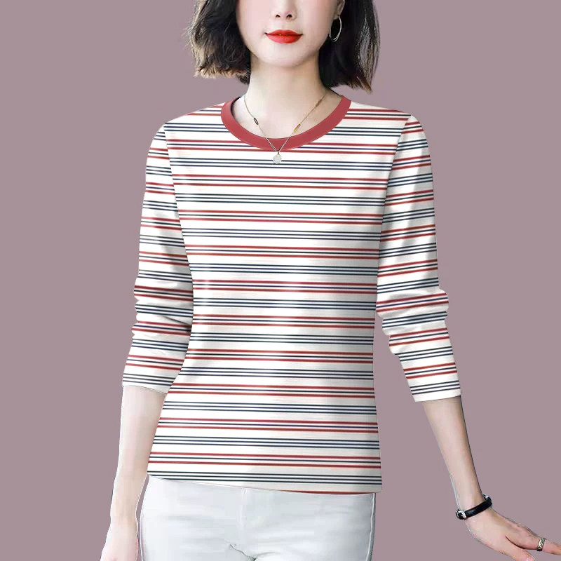 好品捡漏~春秋新款长袖t恤女女装纯棉条纹体恤宽松遮肚上衣打底衫