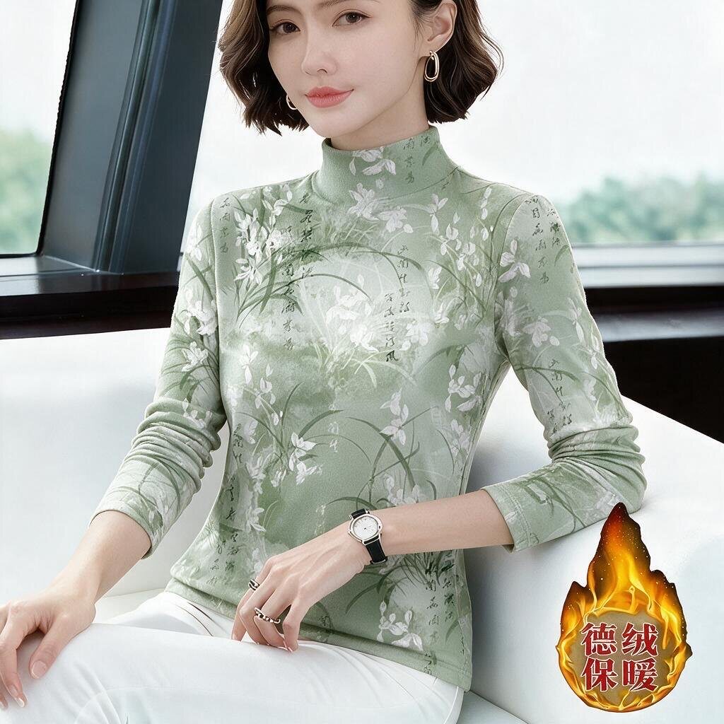 上新~德绒半高领秋季薄绒款打底衫女长袖时尚印花百搭保暖上衣
